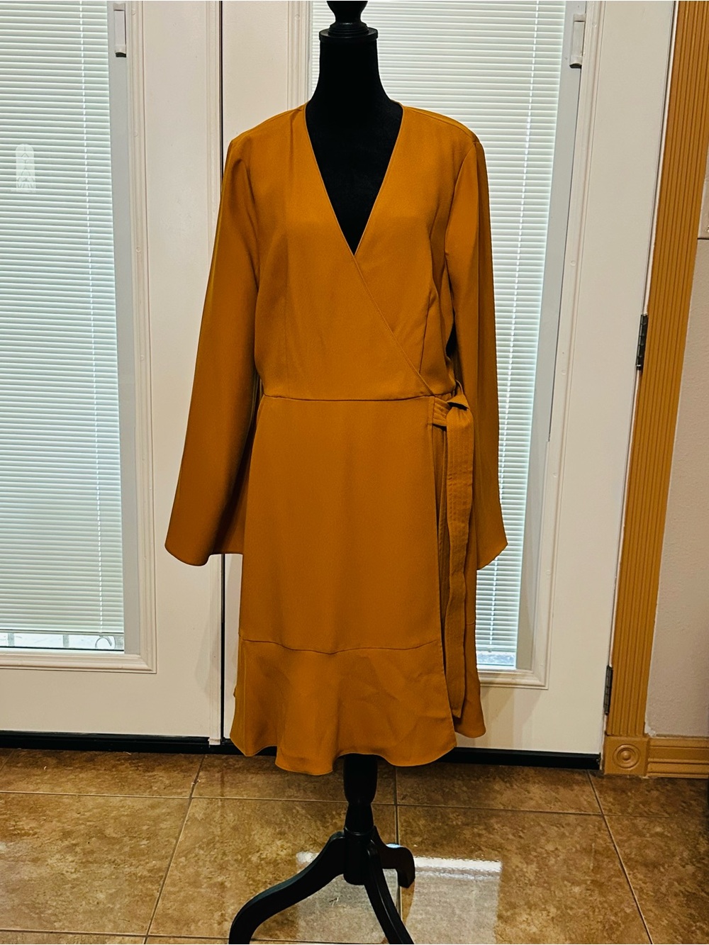 Women's Mustard Wrap Midi Dress - Classic V-Neck Tie Waist